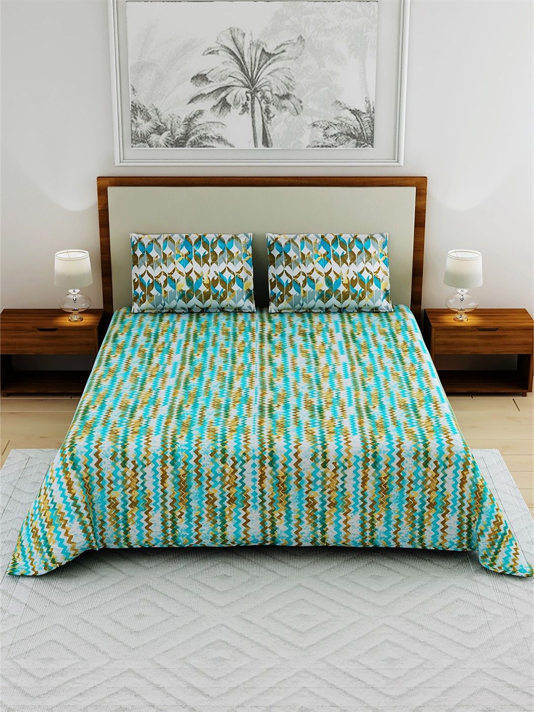 Salona Bichona Green & Off White Geometric 104 TC Queen Bedsheet with 2 Pillow Covers Price in India