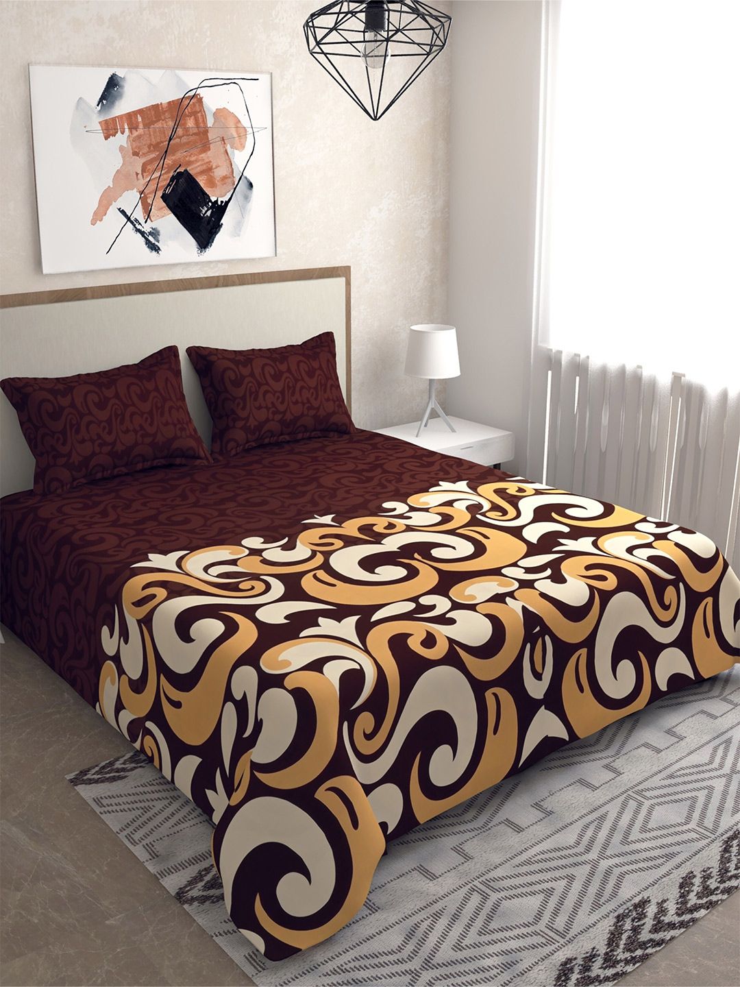 Salona Bichona Brown & White Floral 120 TC King Bedsheet with 2 Pillow Covers Price in India