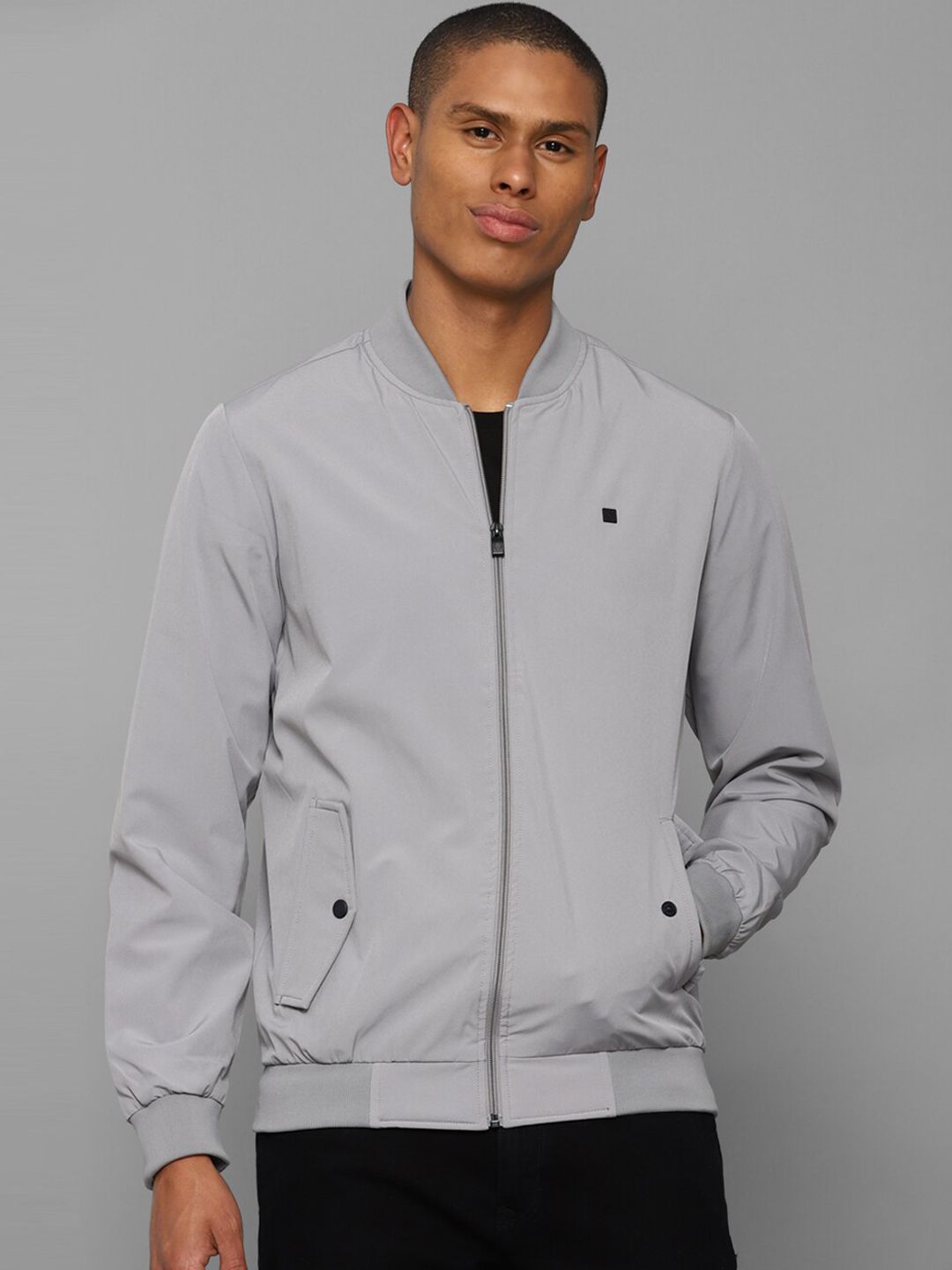 Allen Solly Men Grey Solid Long Sleeves Pure Cotton Sporty Jacket