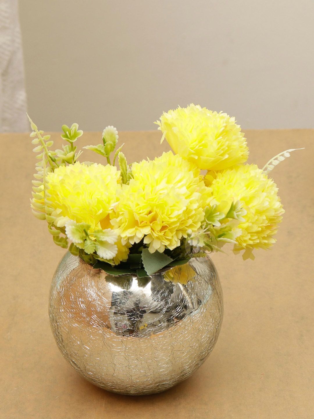 BS AMOR Yellow Dahlia Artificial Flowers With Crackled Glass Vase Price in India
