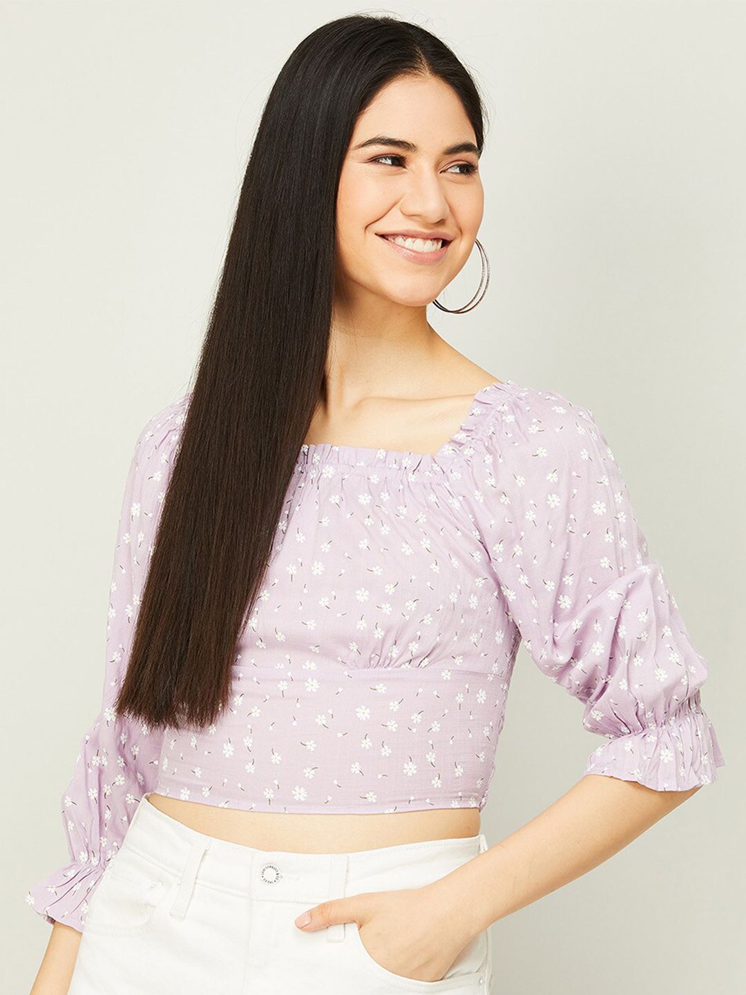 Ginger by Lifestyle Purple Floral Print Crop Top Price in India