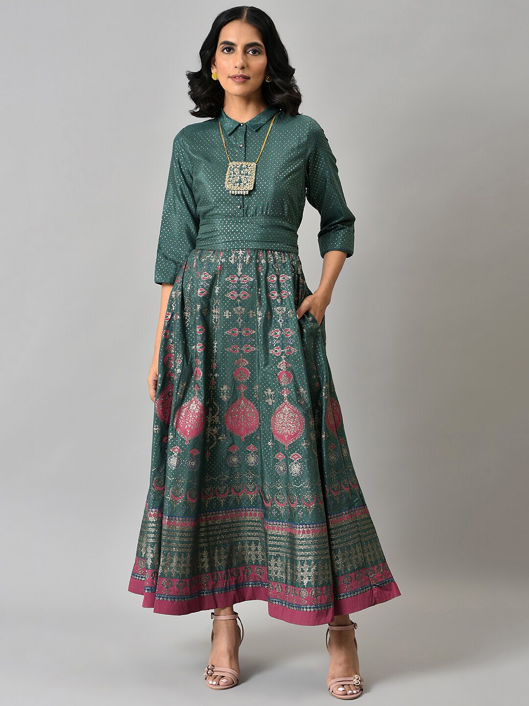 W Women Green Ethnic Motifs Ethnic Maxi Dress Price in India