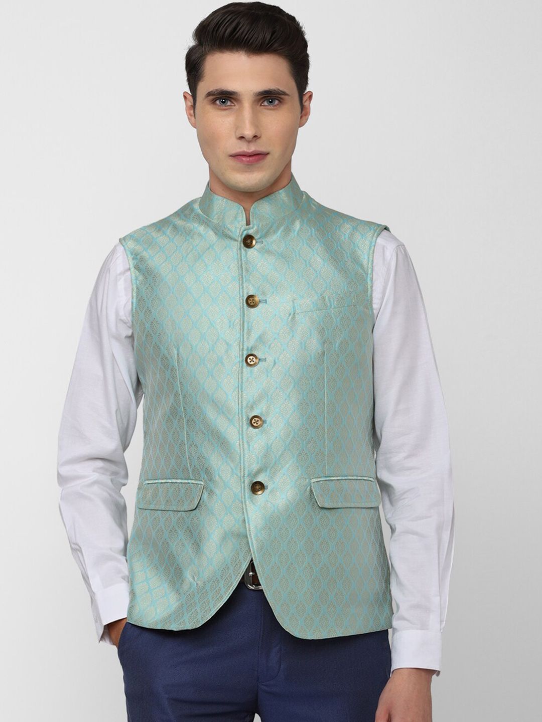 Peter England Elite Men Blue Printed Nehru Jacket