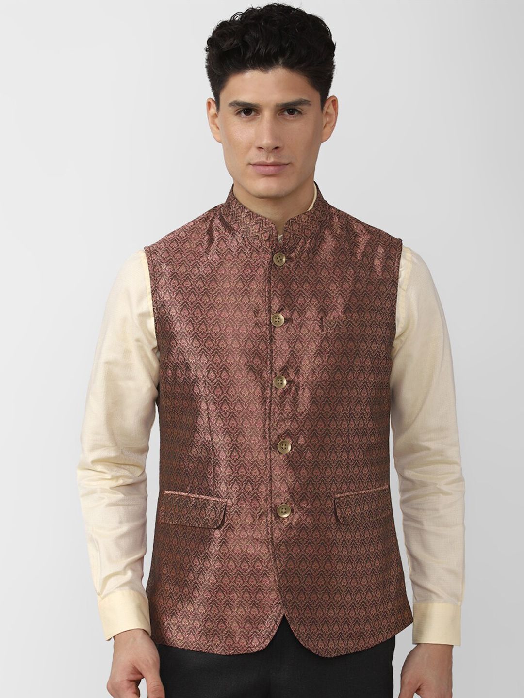 Peter England Elite Men Brown Woven Design Nehru Jacket