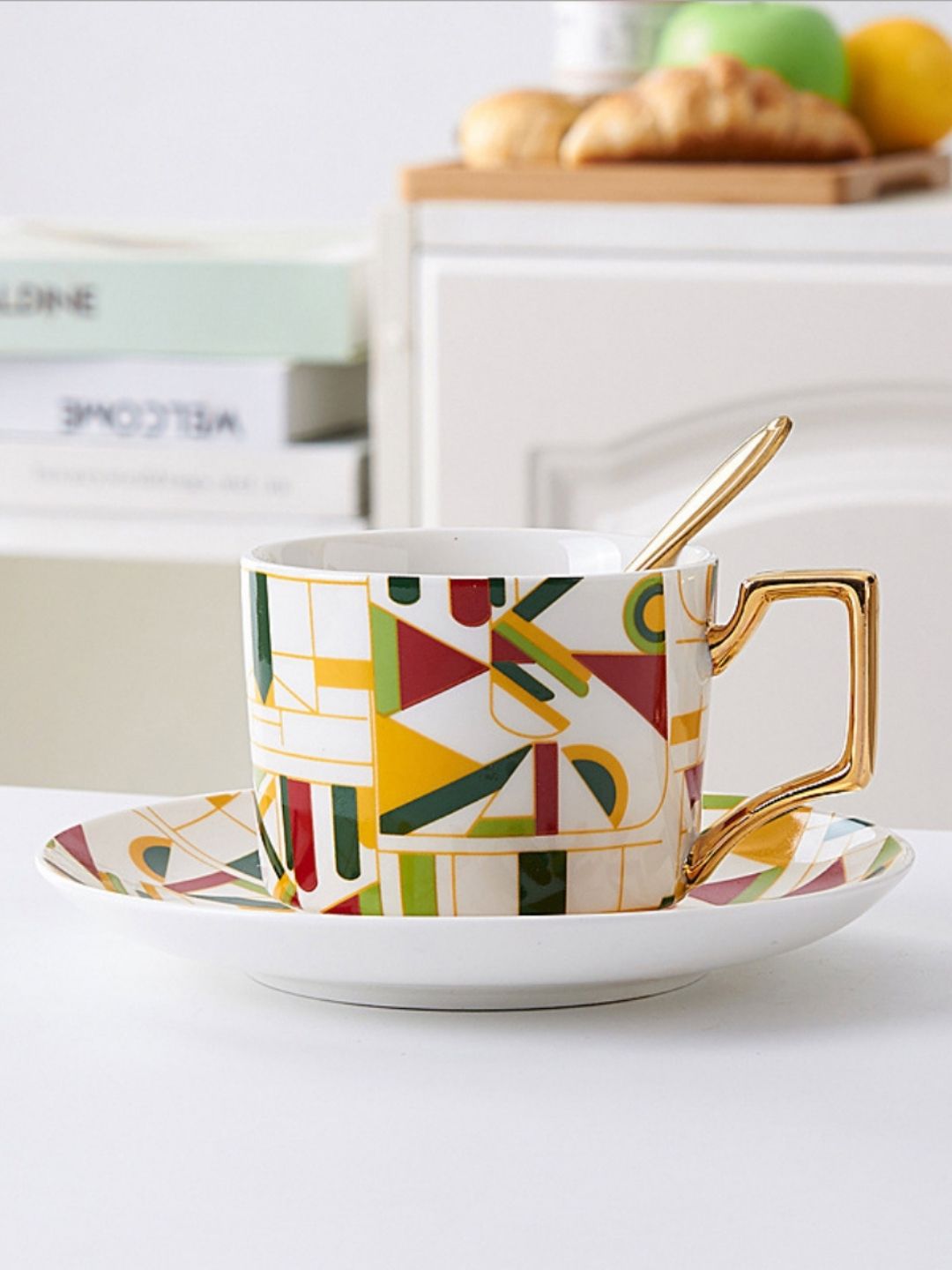 Nestasia White & Green Geometric Printed Ceramic Glossy Cups and Saucers Price in India