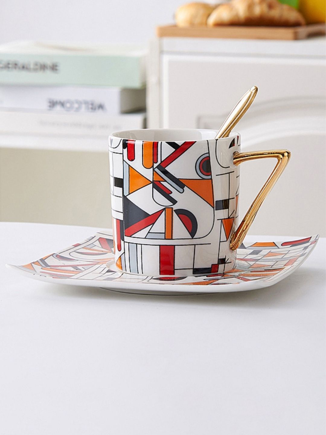 Nestasia White & Orange Printed Ceramic Glossy 1 Cups & 1 Saucers Price in India