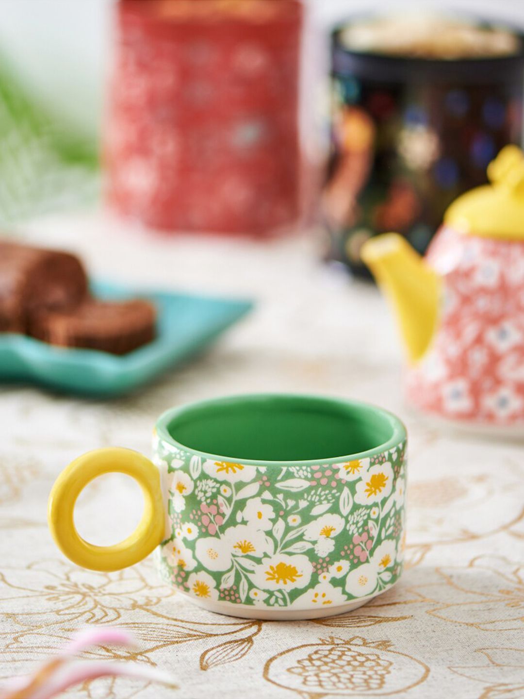Chumbak Green And Off White Floral Printed Ceramic Glossy Cup Price in India