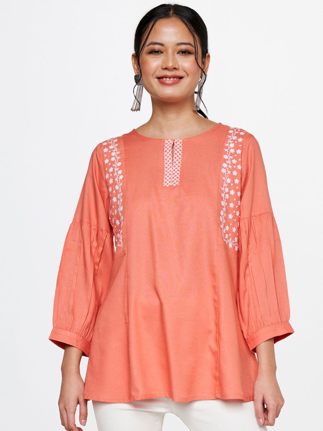 Global Desi Women Coral Floral Embroidered Bishop Sleeves Top Price in India