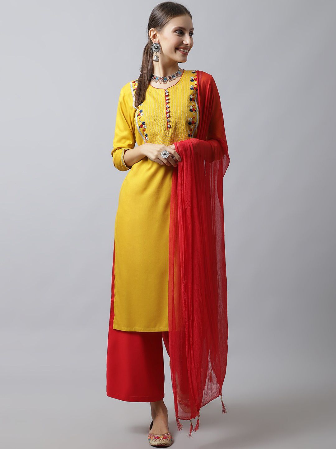 Tulsattva Women Mustard Yellow Floral Embroidered Kurta with Trousers And Dupatta Price in India