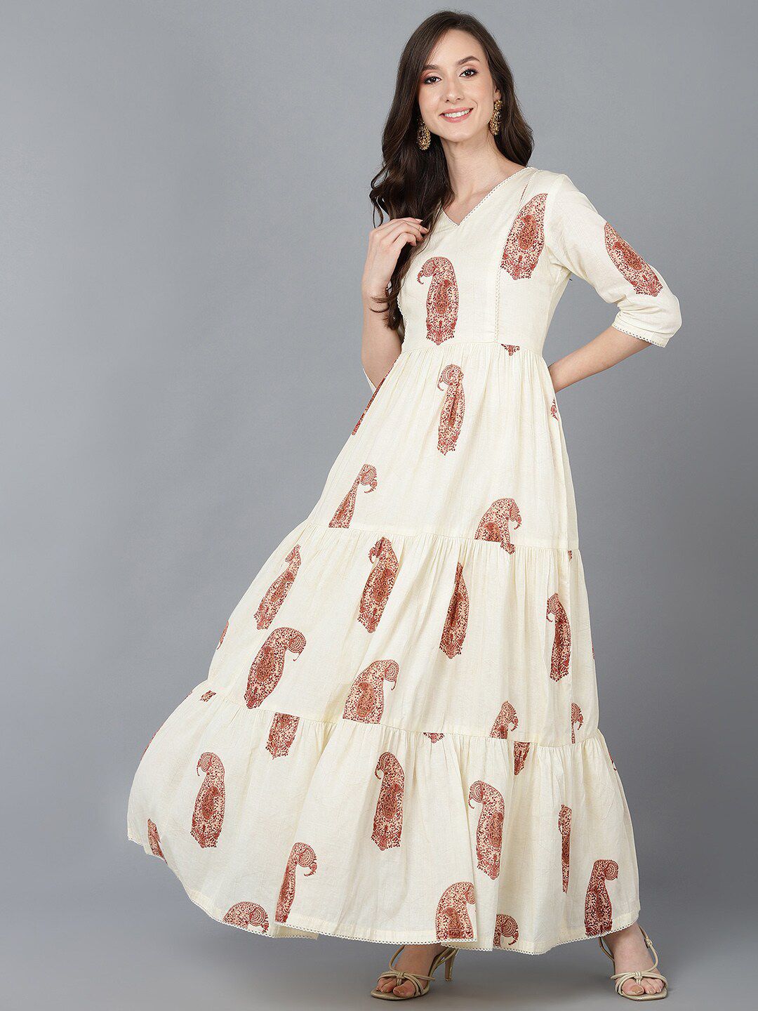 AHIKA Women Cream-Coloured Ethnic Motifs Printed Tiered Maxi Dress Price in India