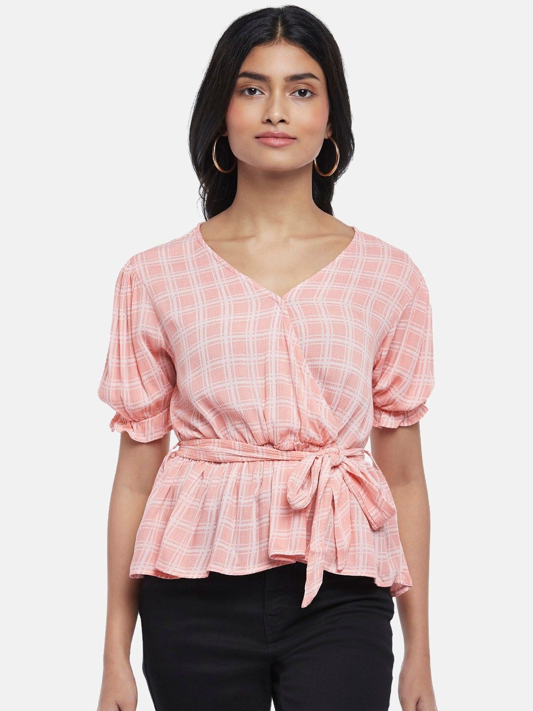 Honey by Pantaloons Women Peach-Coloured & White Checked Cinched Waist Top Price in India