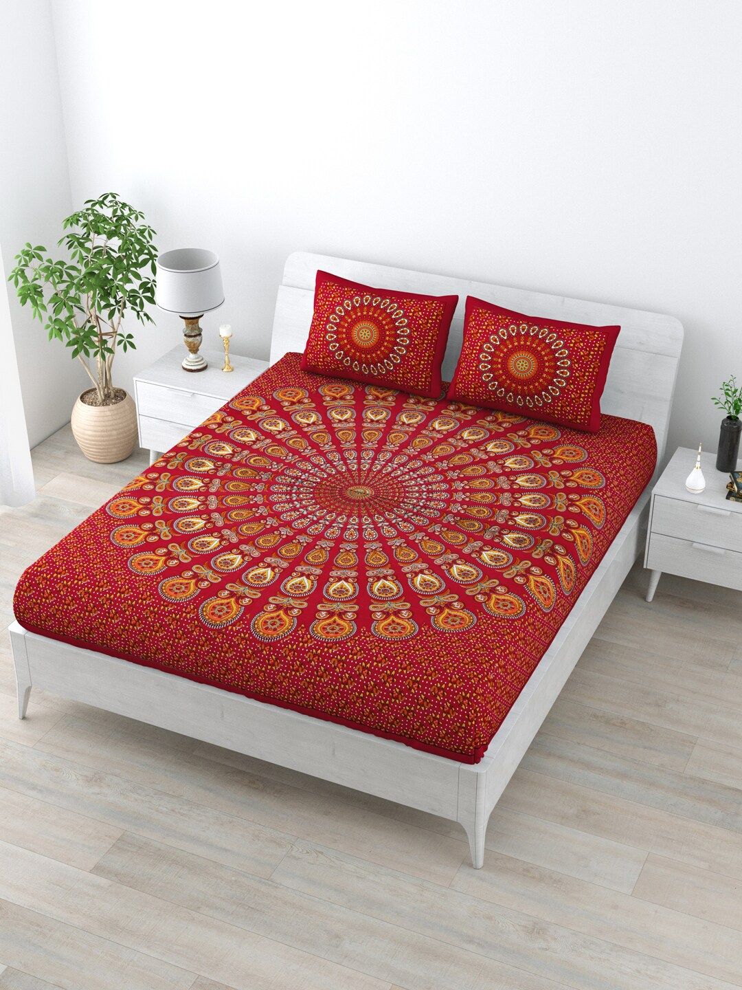 LIVING ROOTS Maroon & Yellow Ethnic Motifs 144 TC Queen Bedsheet with 2 Pillow Covers Price in India