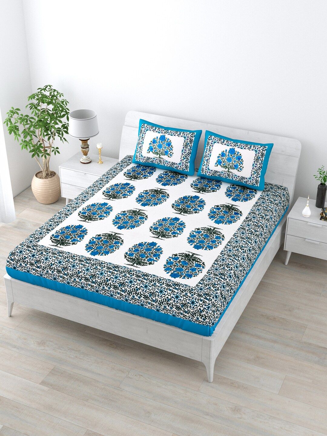 LIVING ROOTS Blue & White Ethnic Motifs 140 TC Queen Bedsheet with 2 Pillow Covers Price in India