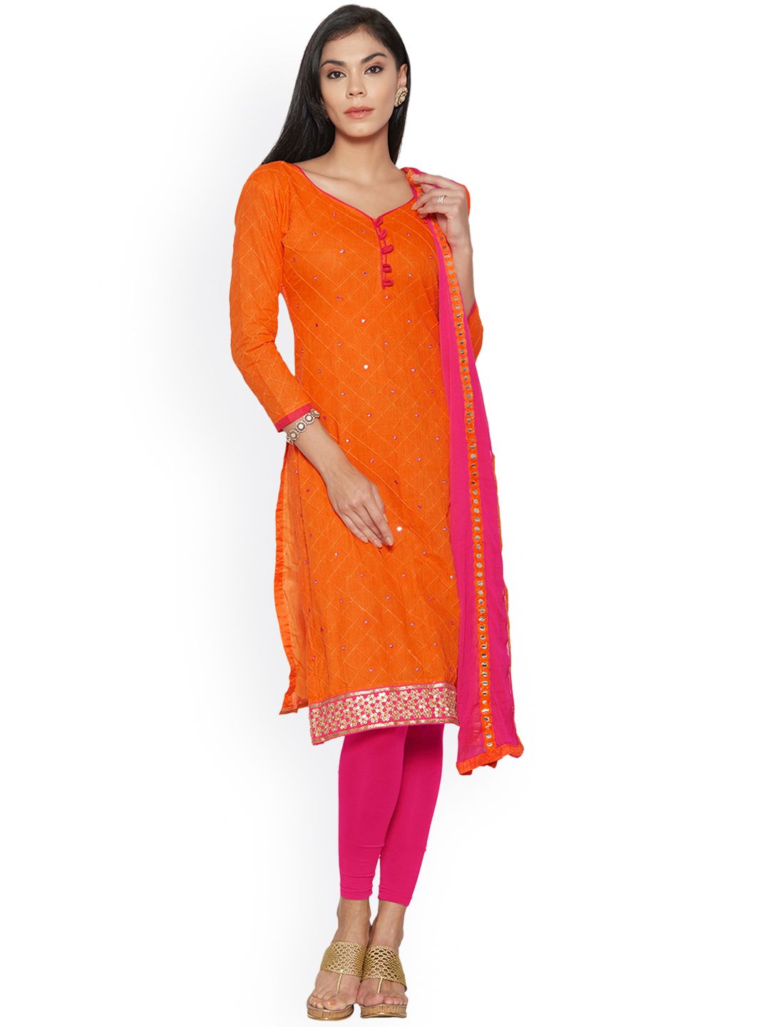 Saree mall Orange & Pink Embroidered Cotton Blend Unstitched Dress Material Price in India