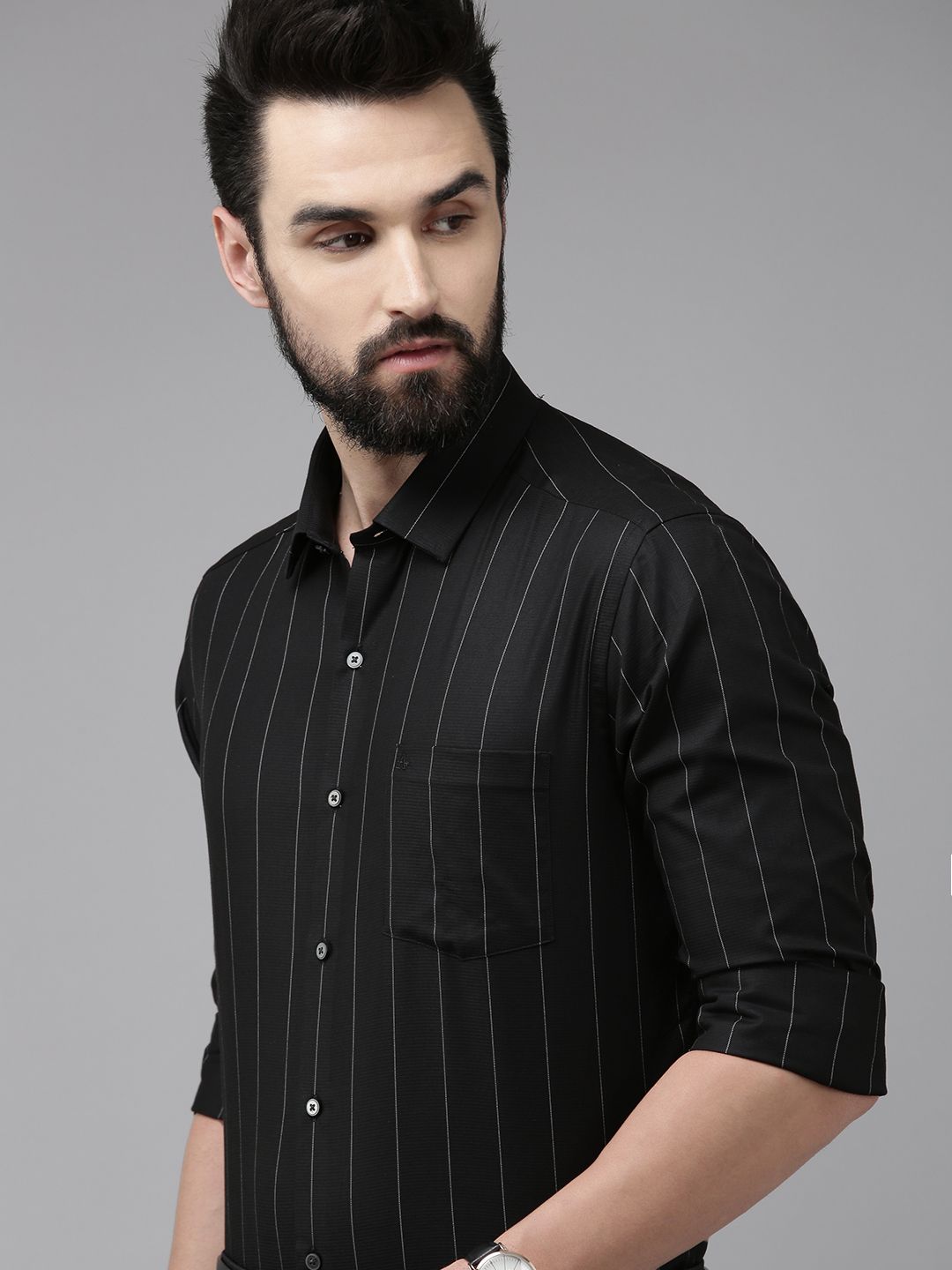 Arrow Arrow Men Black Striped Original Slim Fit Pure Cotton Formal Shirt
