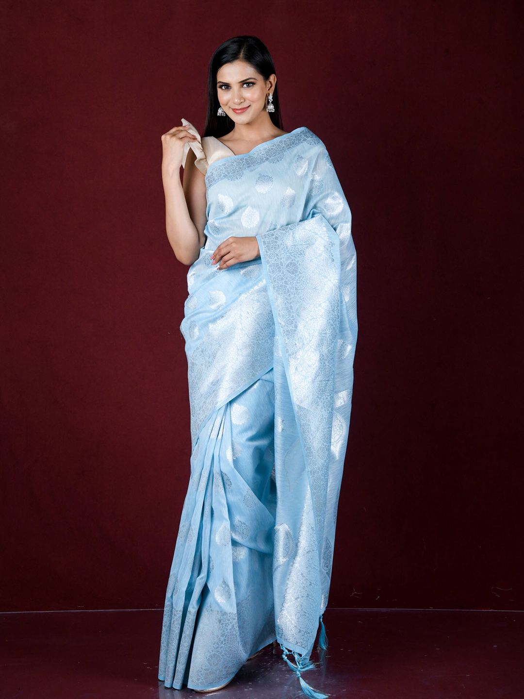 Exclusiva Blue & Silver-Toned Woven Design Zari Pure Linen Banarasi Saree Price in India