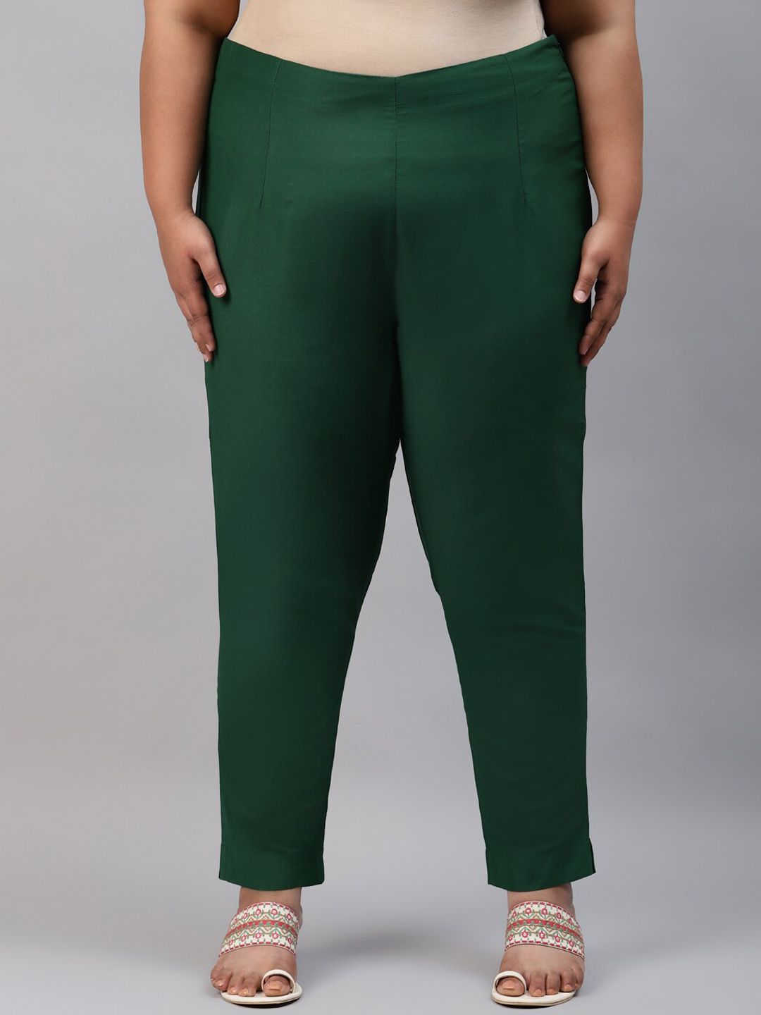 W Women Green Slim Fit Pleated Trousers Price in India