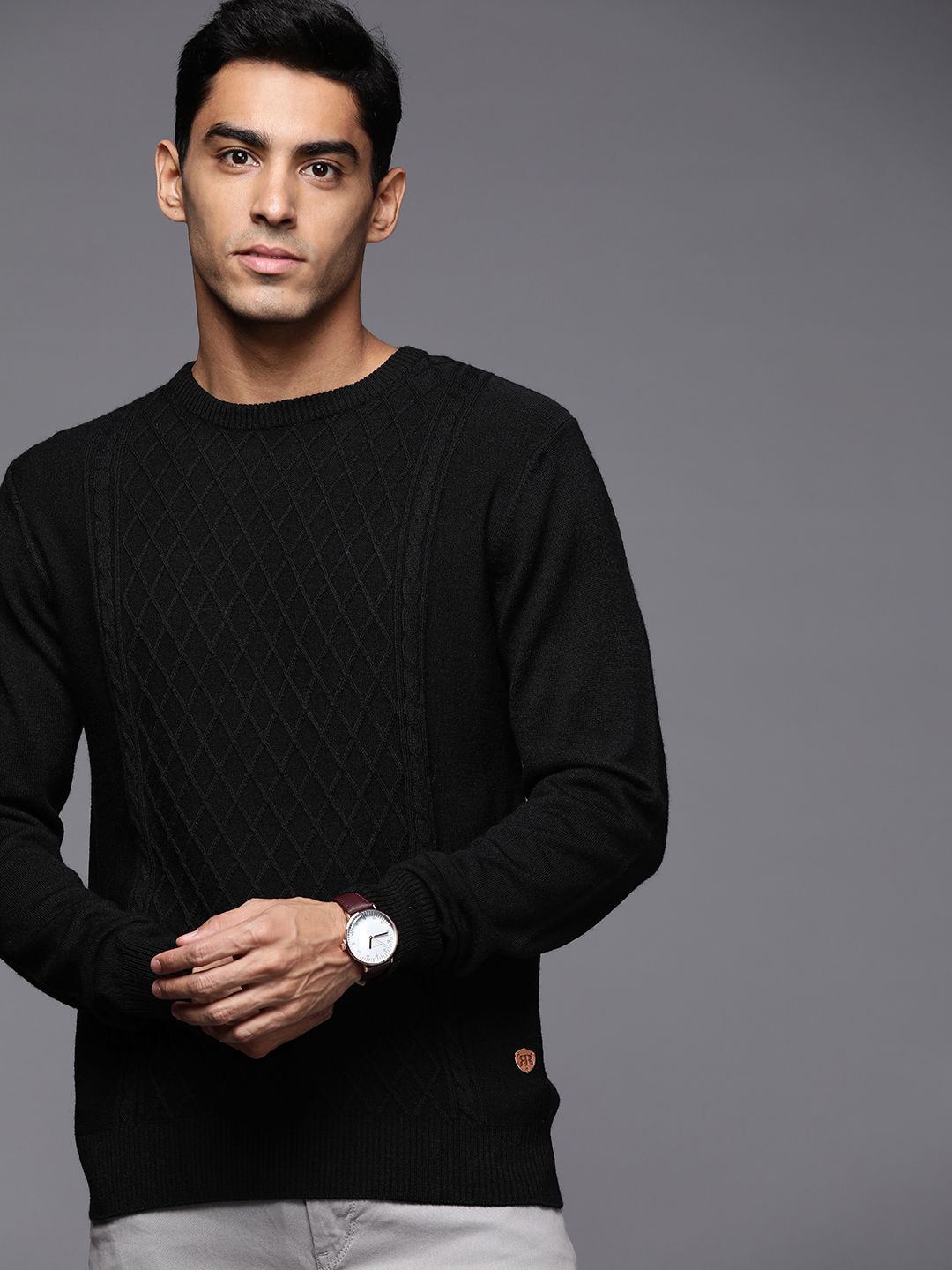 Raymond Men Black Self Design Sweater