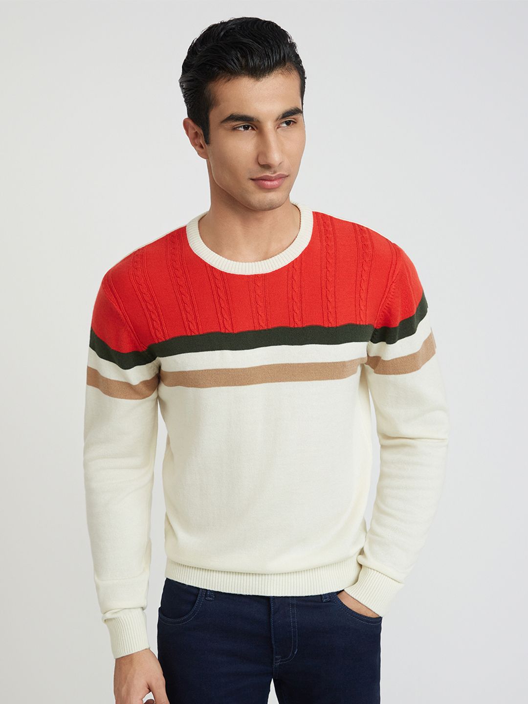 Raymond Men Off White & Red Striped Woolen  Pullover