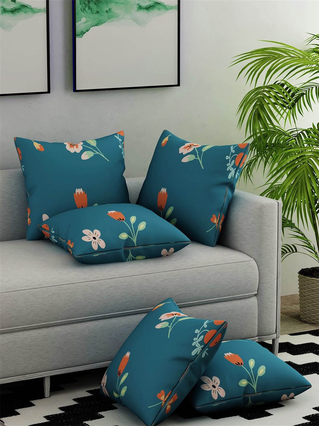 Salona Bichona Turquoise Blue Set of 5 Floral Square Cushion Covers Price in India