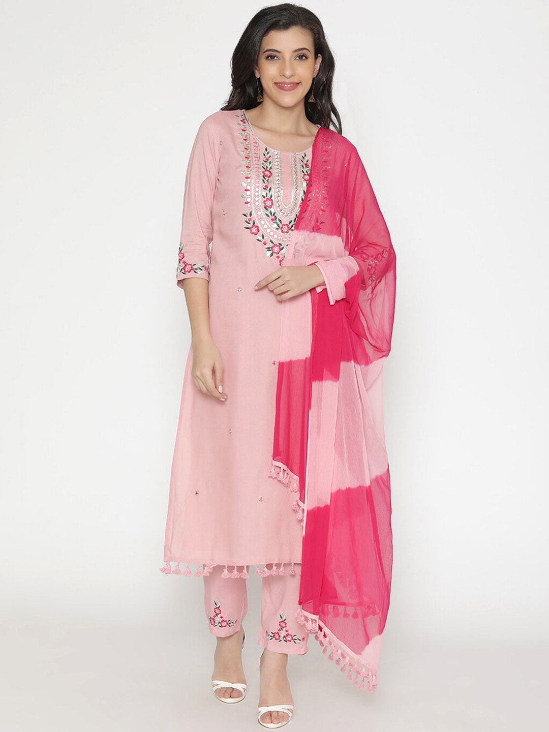 KALINI Women Peach-Coloured Ethnic Motifs Embroidered Thread Work Kurta with Trousers & With Dupatta Price in India