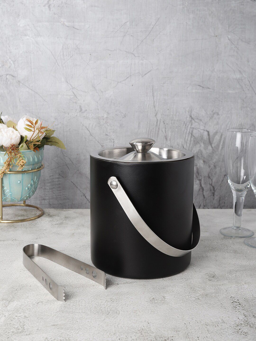 VarEesha steel hues Black & Silver-Toned Solid Stainless Steel Ice Bucket With Tongs Price in India