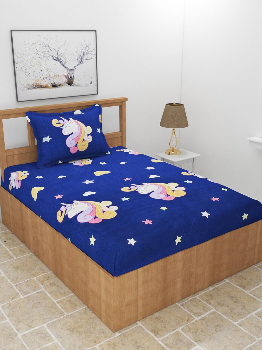 MORADO Blue & White Graphic 210 TC Single Bedsheet with 1 Pillow Covers Price in India