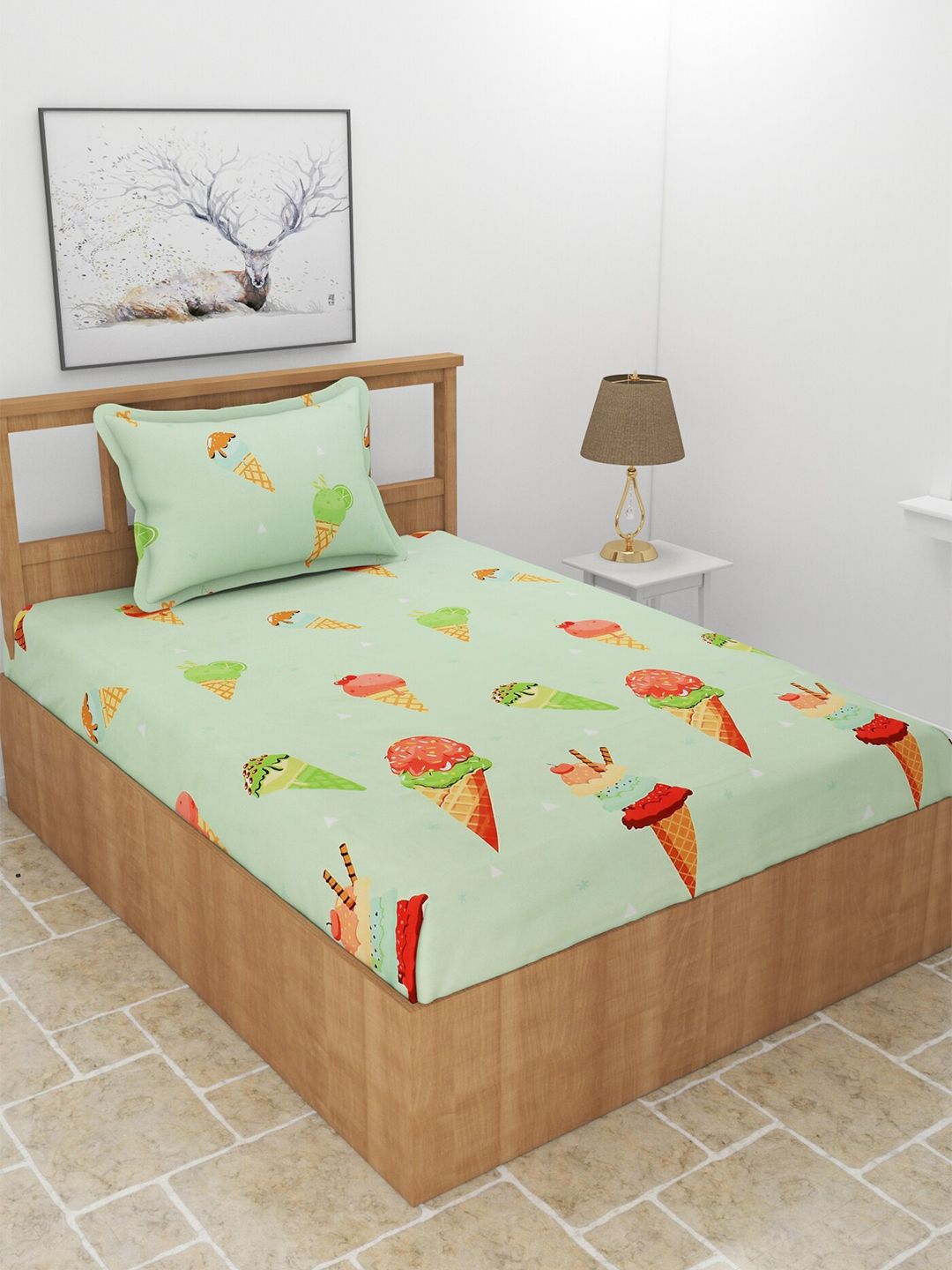 MORADO Green & Red Conversational 180 TC Single Bedsheet with 1 Pillow Cover Price in India