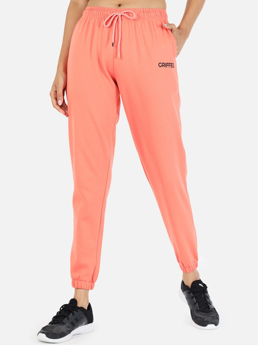 GRIFFEL Women Peach Coloured Solid Cotton Jogger Price in India