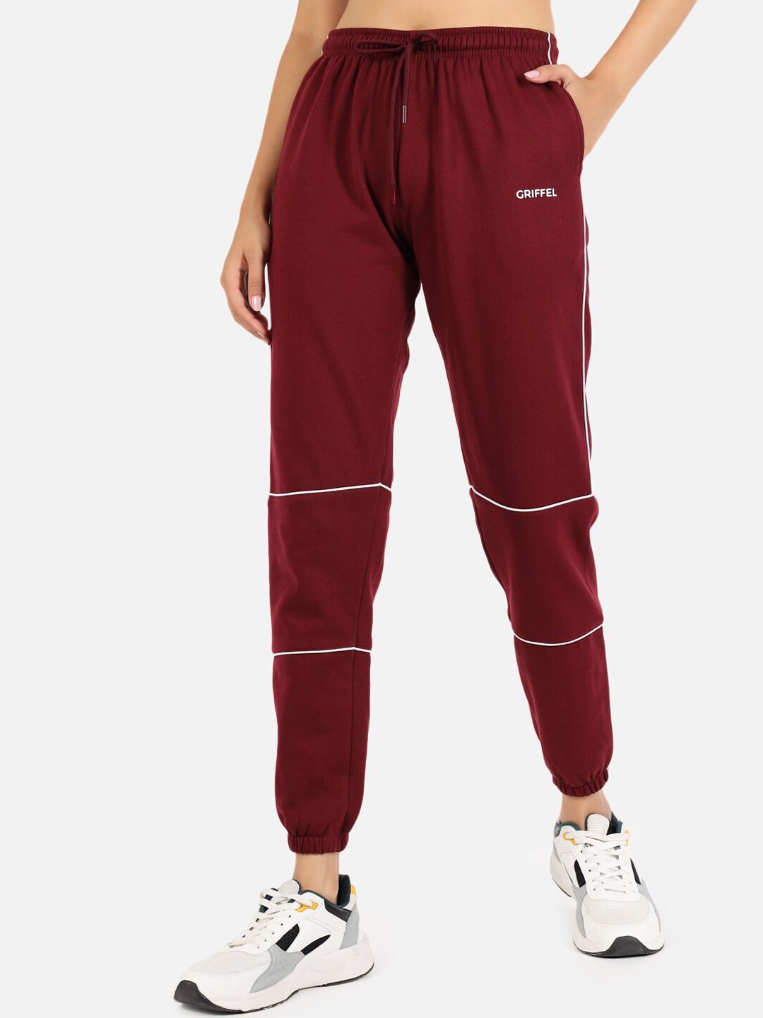 GRIFFEL Women Maroon Solid Cotton Joggers Price in India