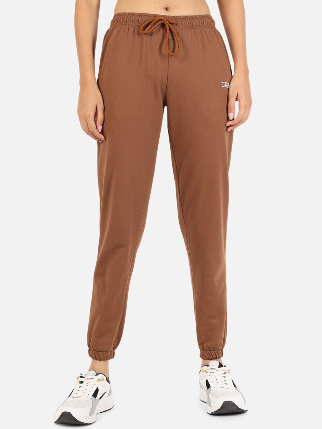GRIFFEL Women Coffee Brown Solid Cotton Joggers Price in India