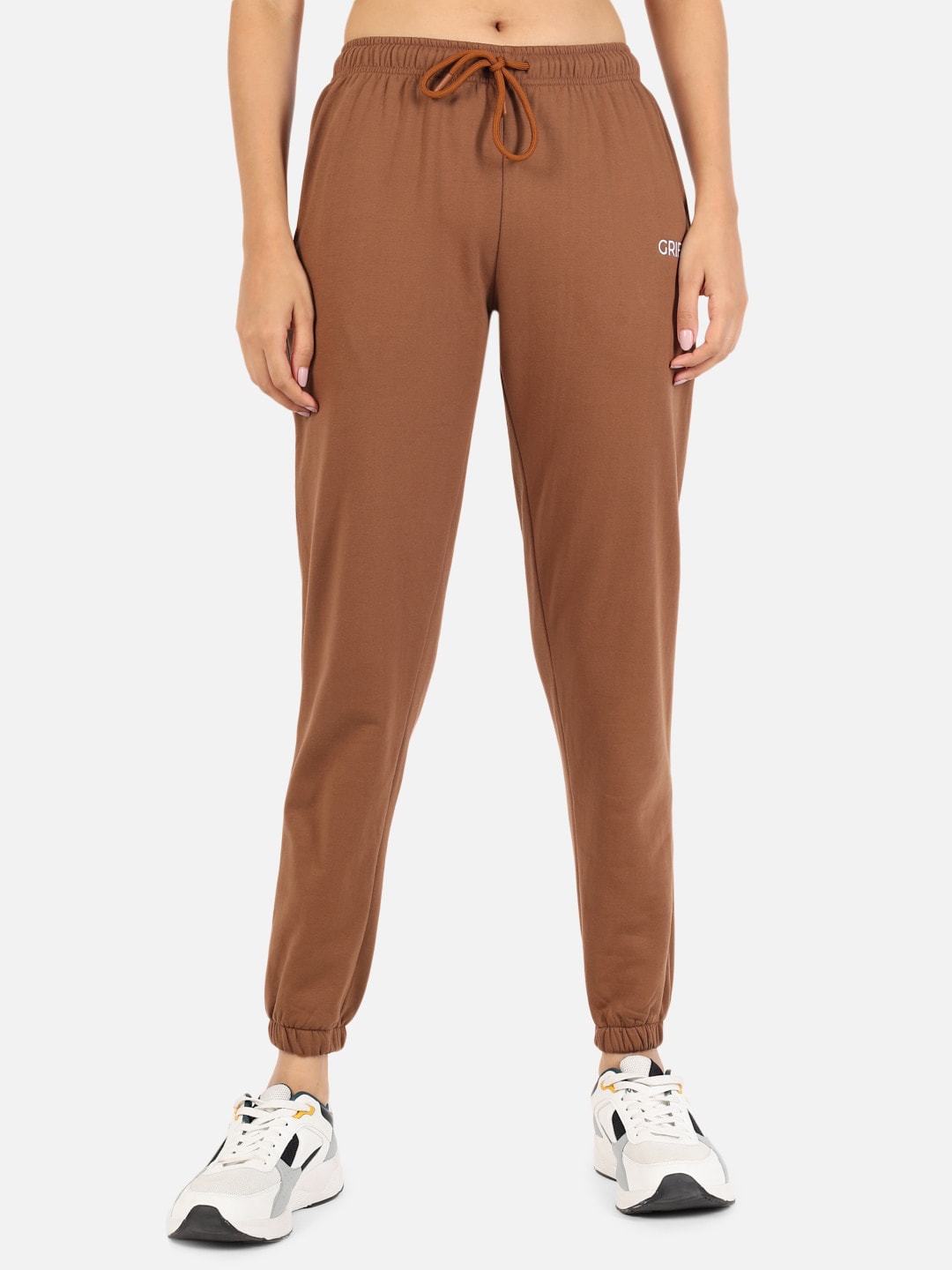 GRIFFEL Women Coffee Brown Solid Cotton Joggers Price in India