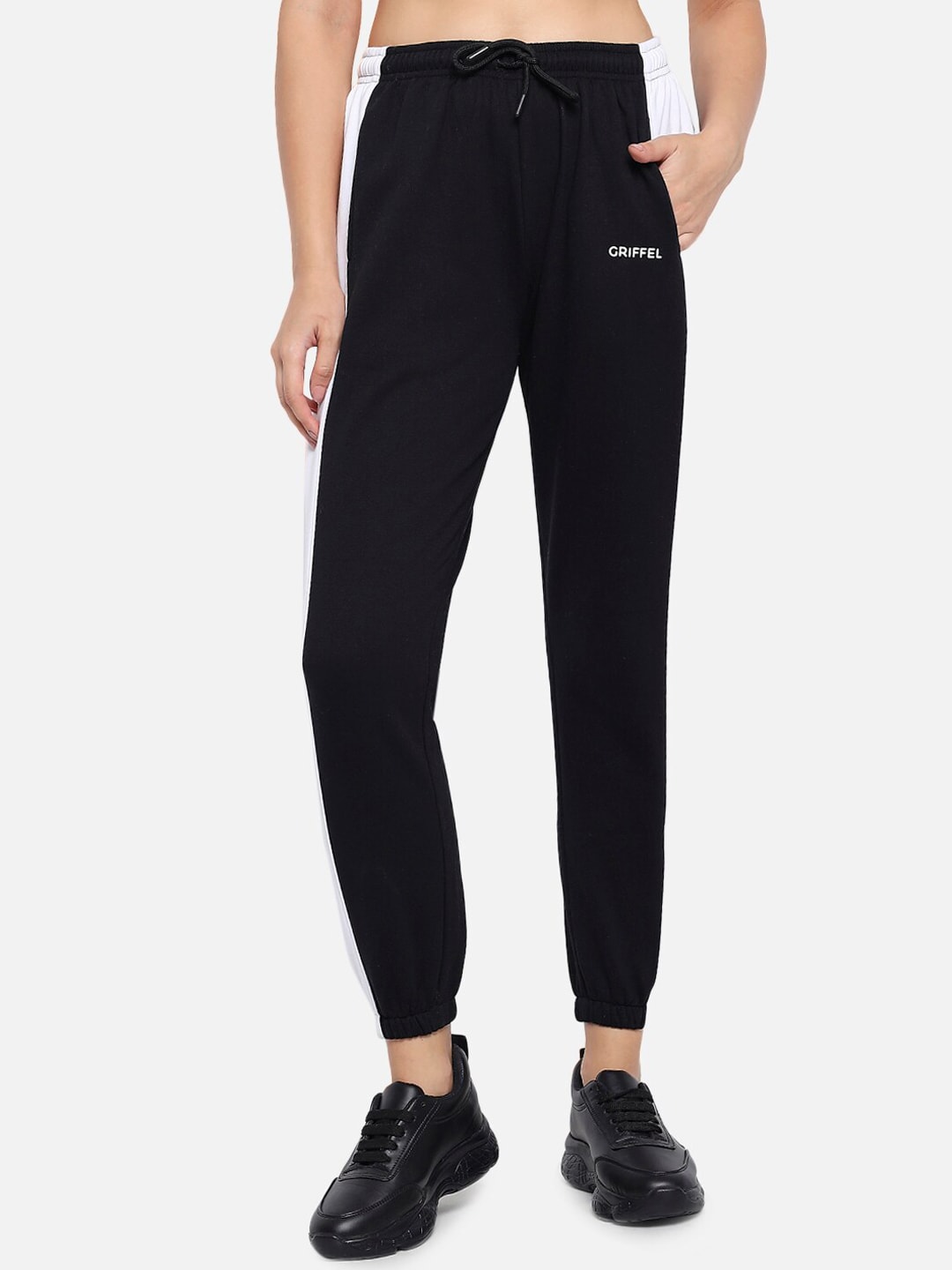 GRIFFEL Women Black Brand Logo-Printed Cotton Joggers Price in India