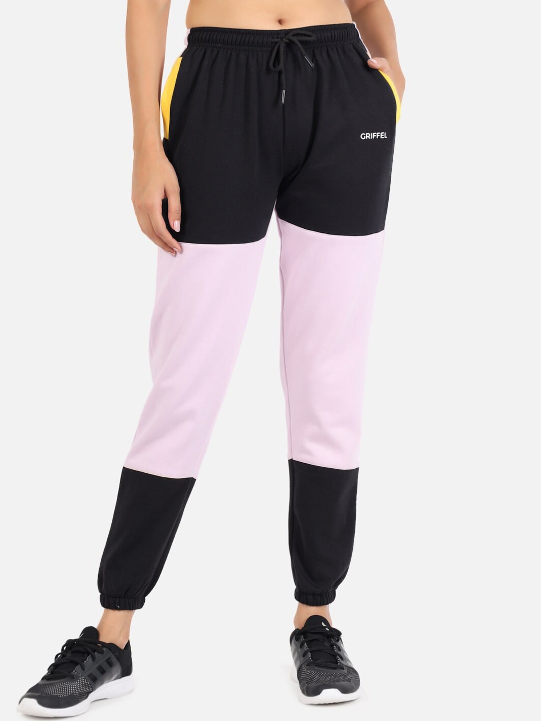 GRIFFEL Women Purple & Navy Blue Colourblocked Cotton Sports Joggers Price in India