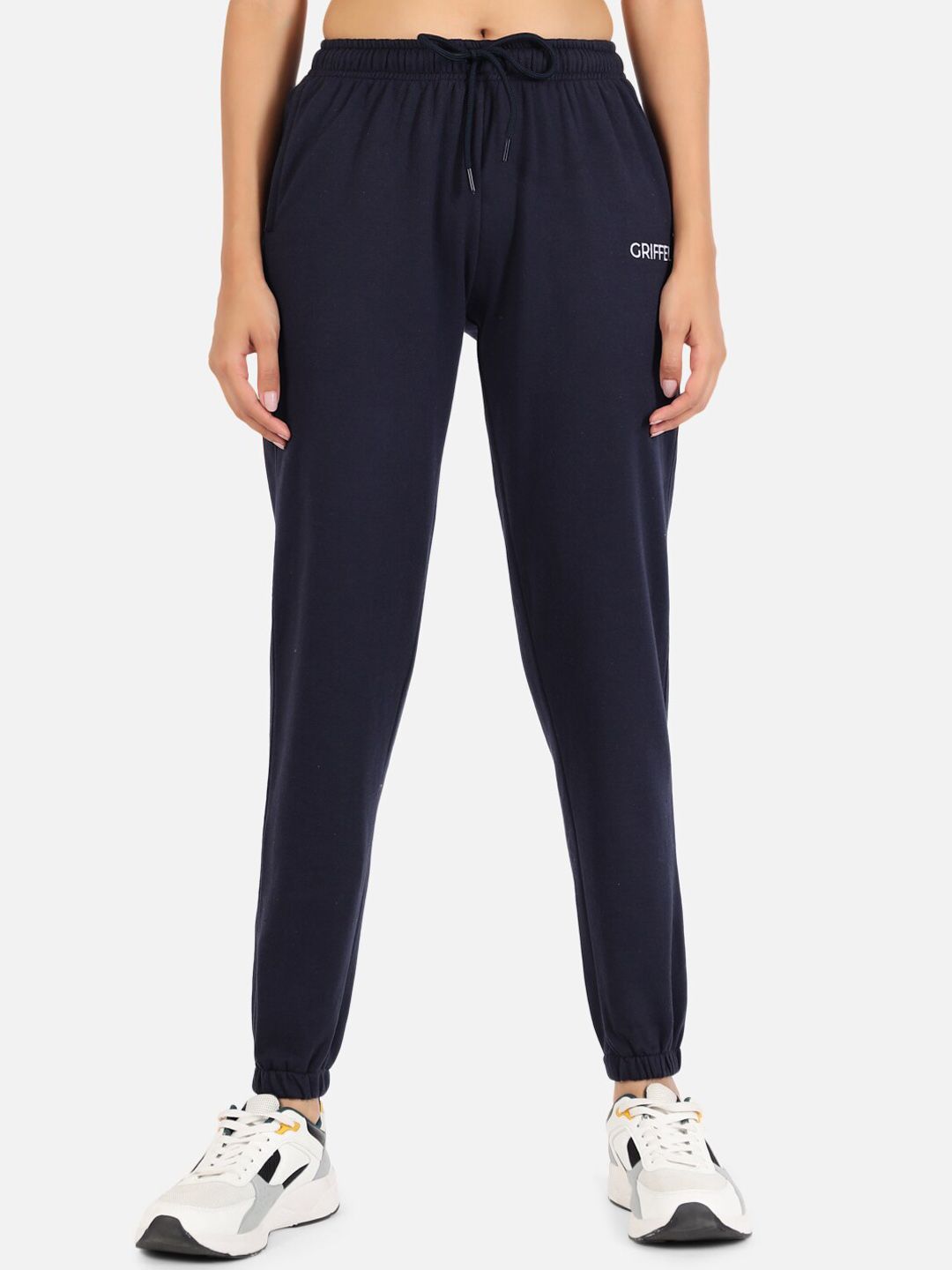 GRIFFEL Women Navy-Blue Solid Cotton Joggers Price in India