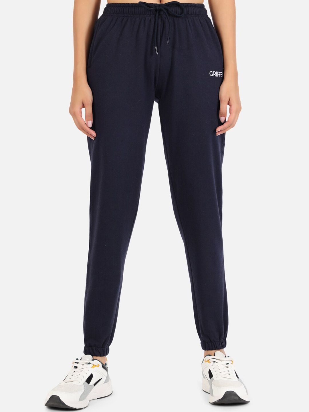 GRIFFEL Women Navy Blue Cotton Solid Sports Joggers Price in India