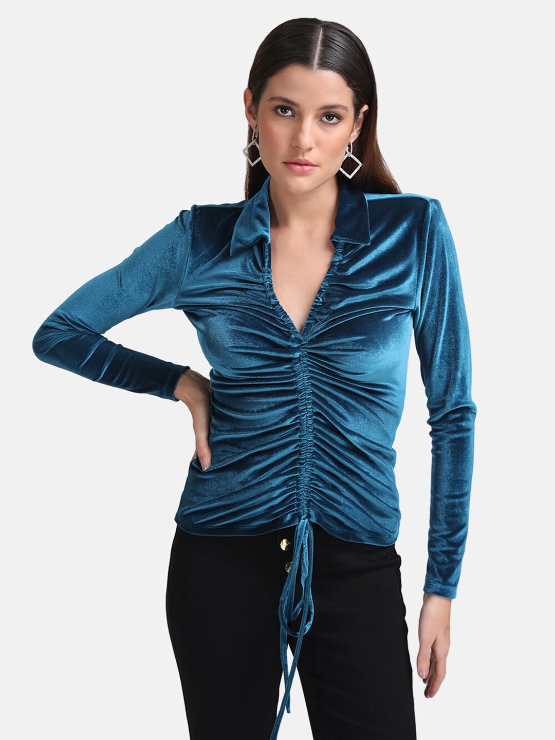 Kazo Teal Blue Ruched Velvet Top Price in India