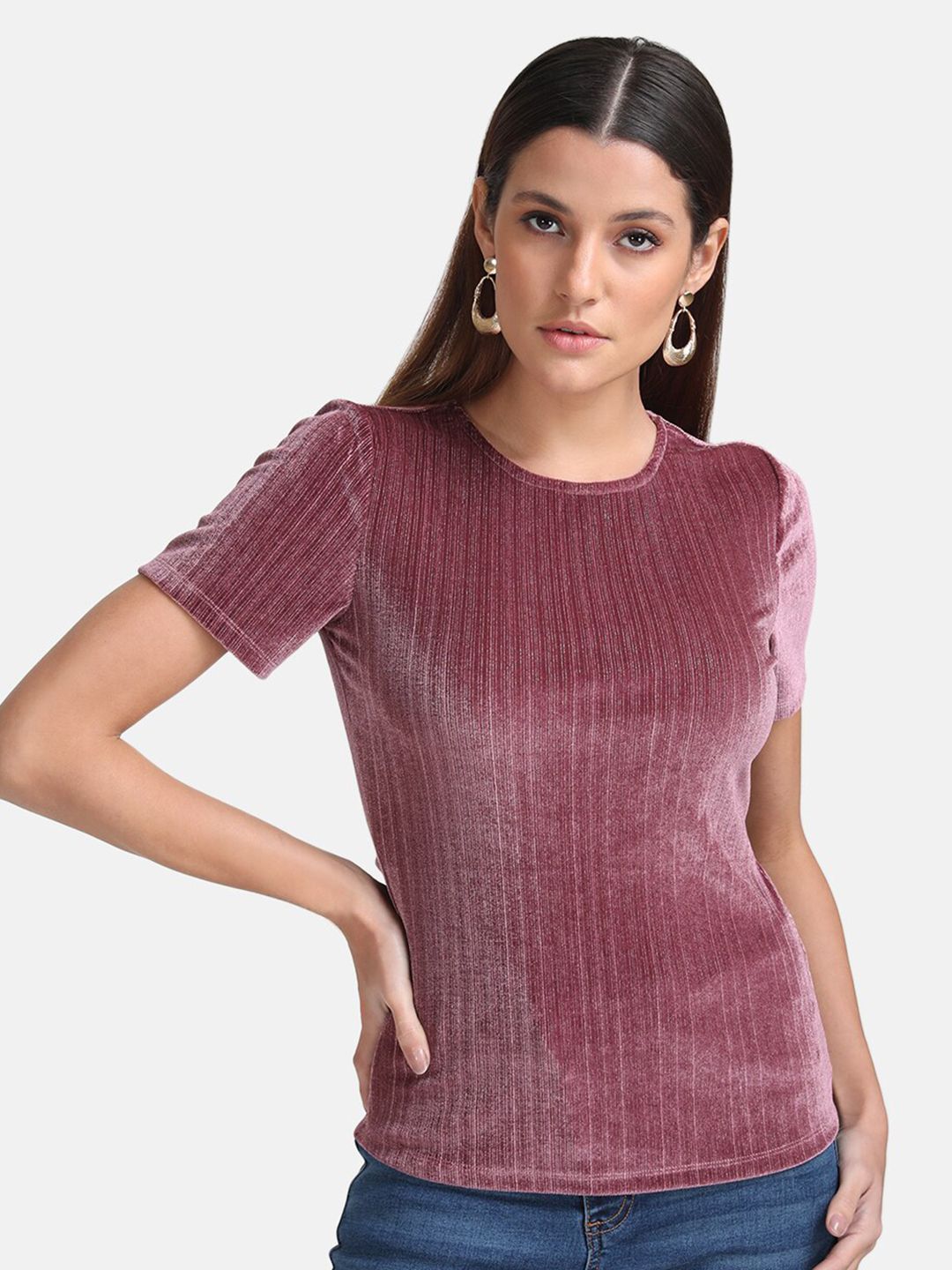 Kazo Women Pink Velvet Fitted Round Neck Top Price in India