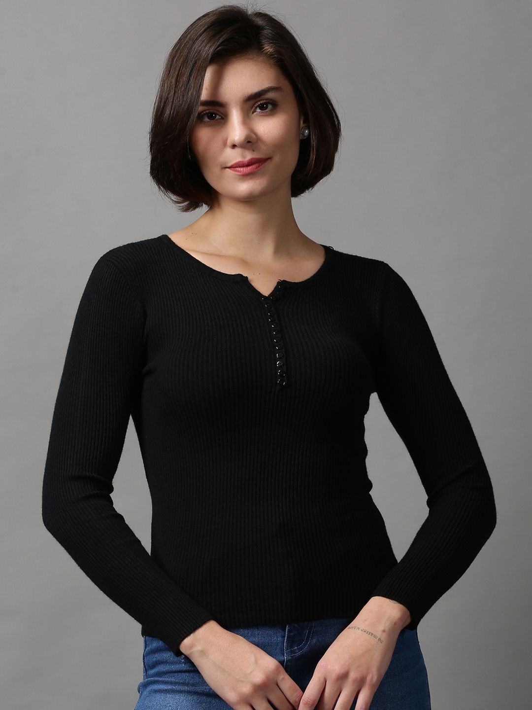 SHOWOFF Black Solid Round Neck Regular Top Price in India