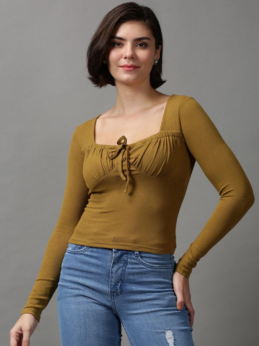 SHOWOFF Olive Green Tie-Up Neck Crop Top Price in India