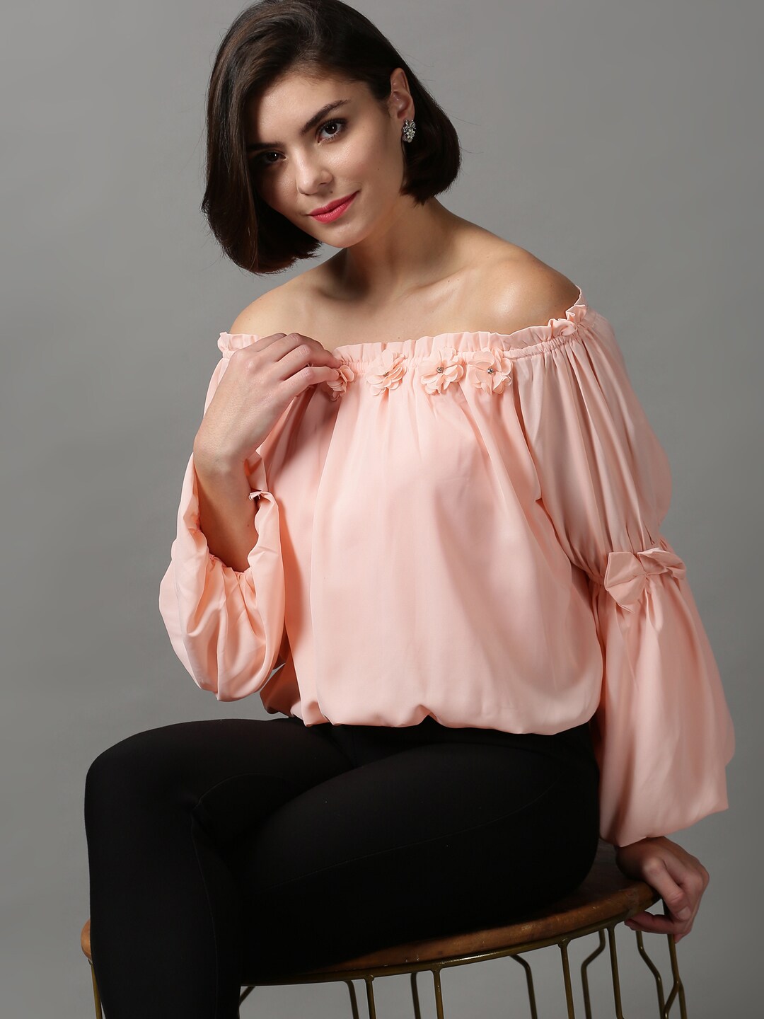 SHOWOFF Peach-Coloured Off-Shoulder Georgette Bardot Top Price in India