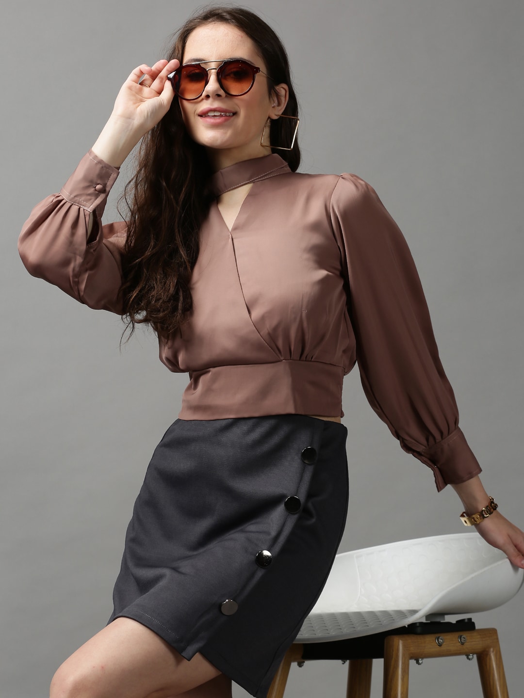 SHOWOFF Women Taupe Keyhole Neck Wrap Crop Top Price in India