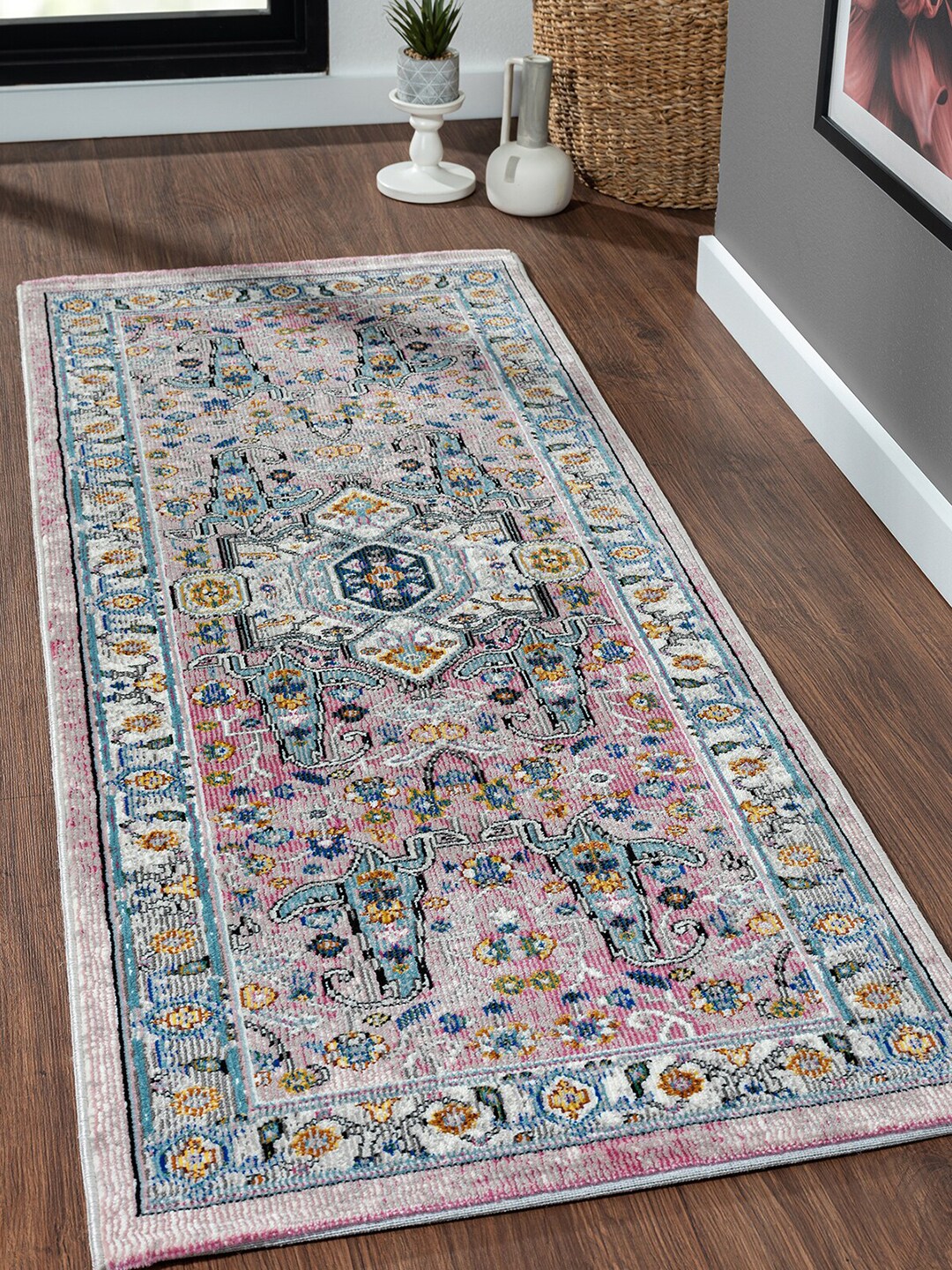 OBSESSIONS Pink & Grey Self-Design Floor Runner Price in India