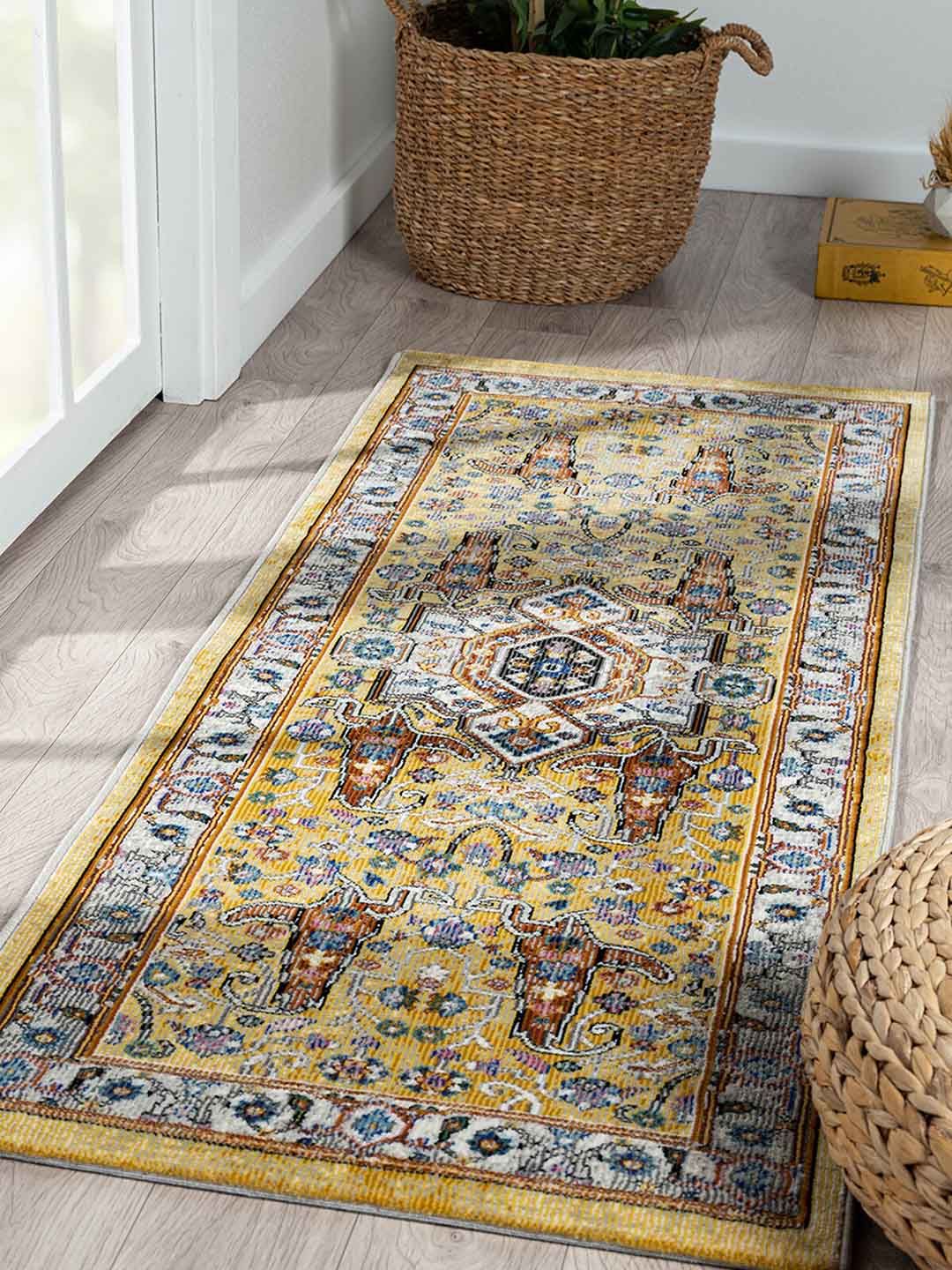 OBSESSIONS Yellow & Beige Ethnic Motifs Anti-Static Floor Runner Price in India