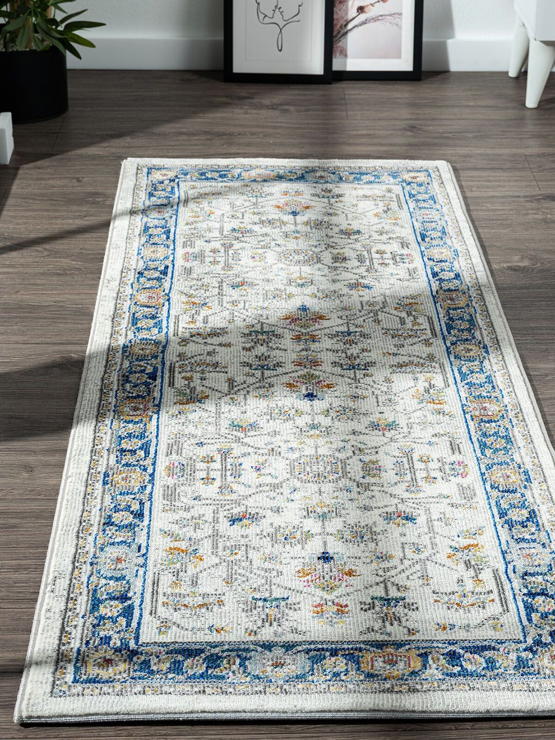 OBSESSIONS Navy Blue & White Ethnic Motif Anti-static Floor Runner Price in India