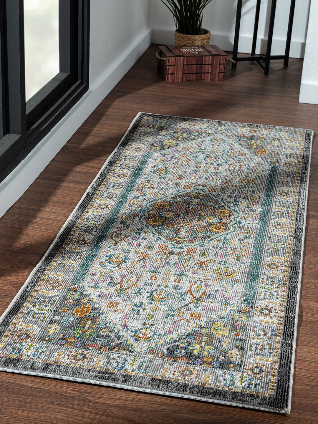 OBSESSIONS Grey & Yellow Ethnic Motifs Floor Runners Price in India