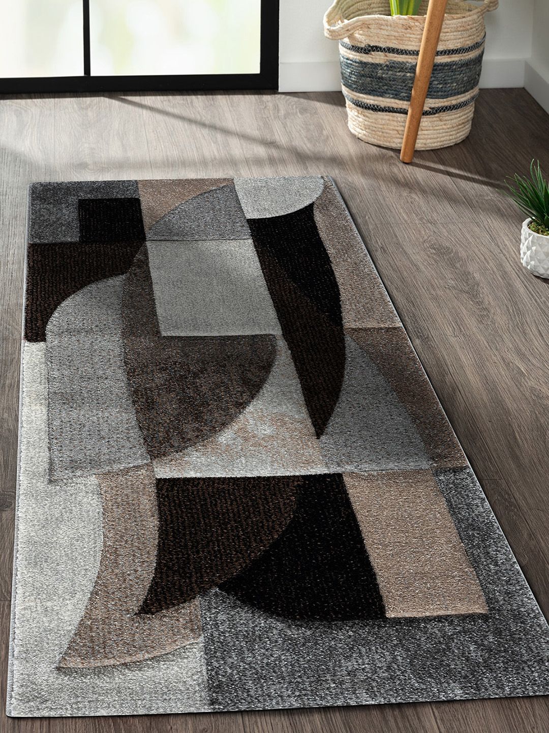OBSESSIONS Grey & Coffee Brown Abstract Anti-static Floor Runner Price in India