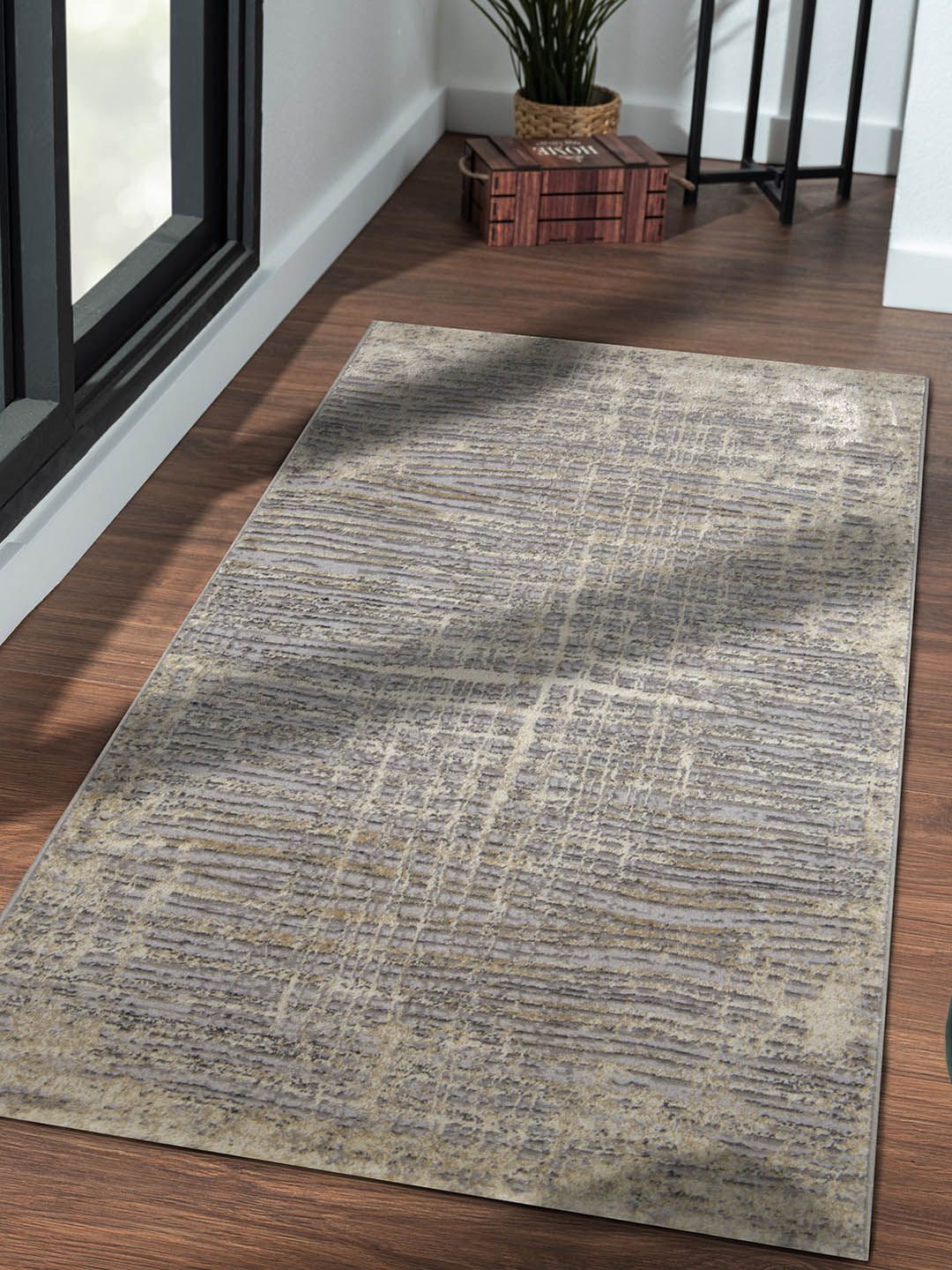 OBSESSIONS Grey & Beige Self-Design Anti-bacterial Floor Runner Price in India