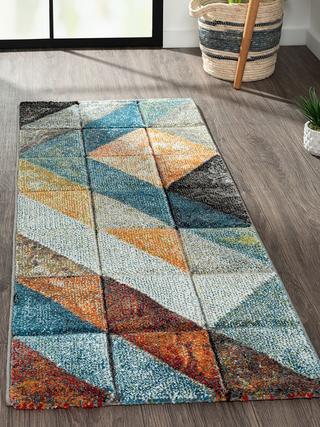 OBSESSIONS Blue & Mustard Yellow Geometric Anti-Static Floor Runner Price in India