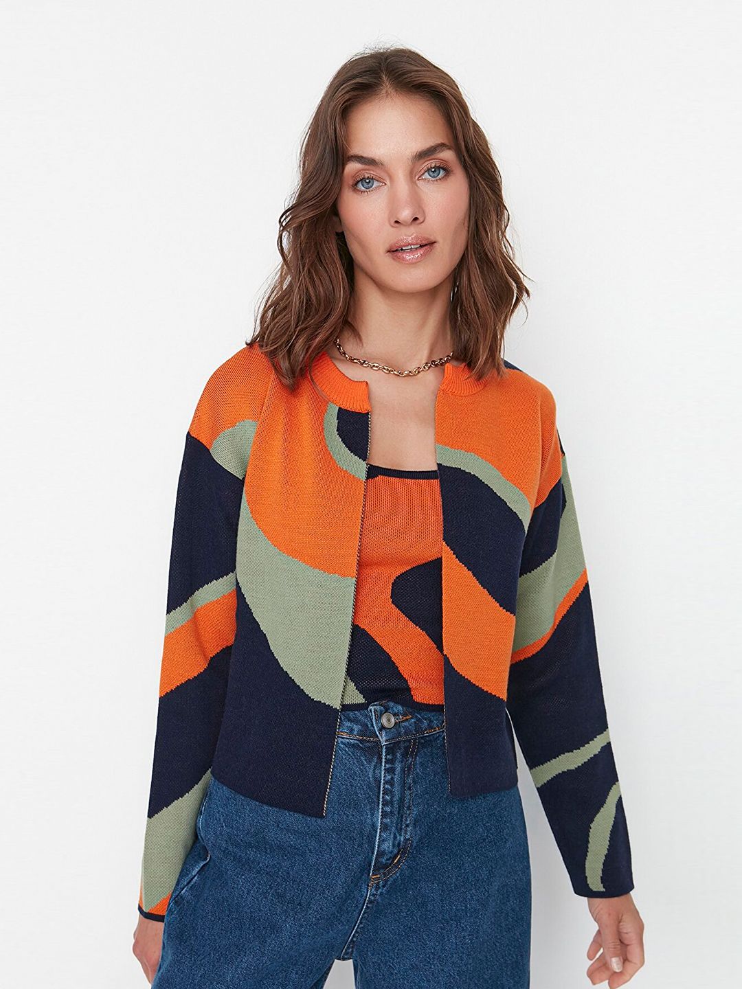 Trendyol Orange & Blue Abstract Print Top Price in India